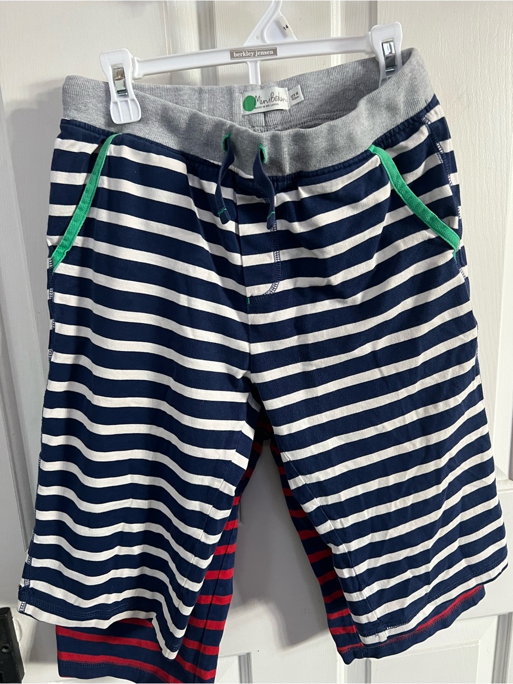 2 PR Mini Boden Boys Navy & White Stripe Knit Shorts with Green Trim red navy